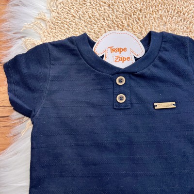 Conj. Camiseta com Dois Botões e Bermuda em Linho - Marinho e Areia